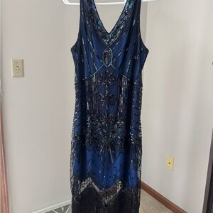 Elegant Blue and Black Beaded Dress